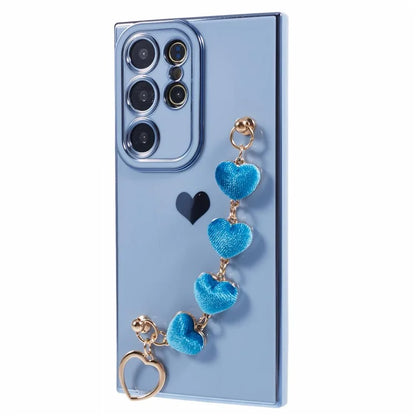 For Samsung Galaxy S22 Ultra 5G Case Heart Pattern Electroplating TPU Cover with Hand Strap