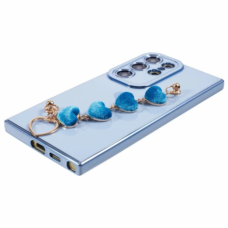 For Samsung Galaxy S22 Ultra 5G Case Heart Pattern Electroplating TPU Cover with Hand Strap