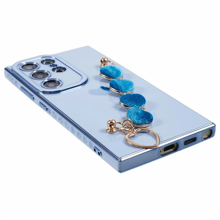 For Samsung Galaxy S22 Ultra 5G Case Heart Pattern Electroplating TPU Cover with Hand Strap