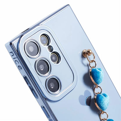 For Samsung Galaxy S22 Ultra 5G Case Heart Pattern Electroplating TPU Cover with Hand Strap