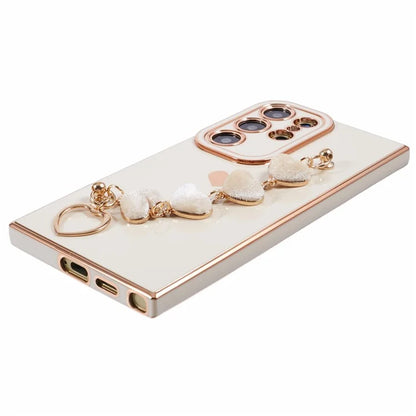 For Samsung Galaxy S22 Ultra 5G Case Heart Pattern Electroplating TPU Cover with Hand Strap