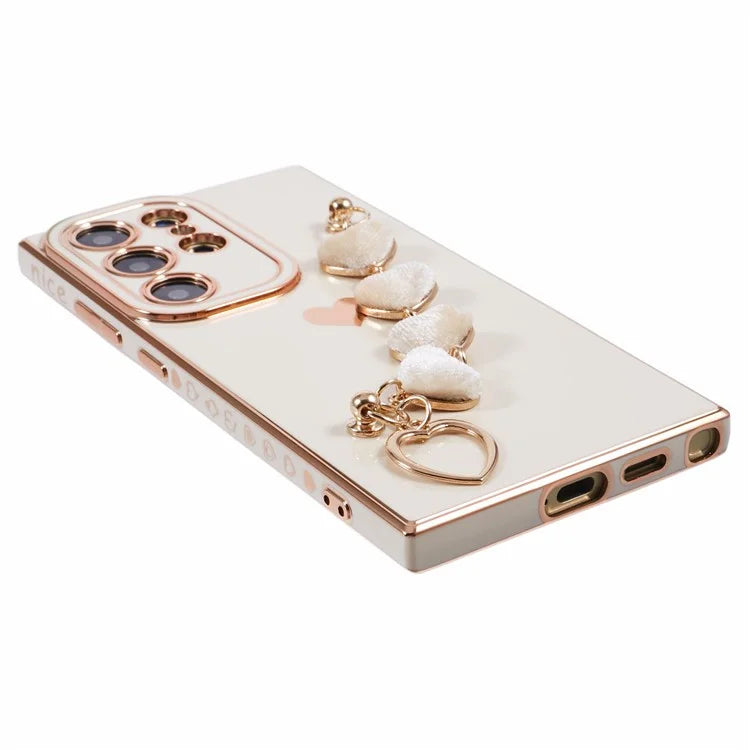 For Samsung Galaxy S22 Ultra 5G Case Heart Pattern Electroplating TPU Cover with Hand Strap