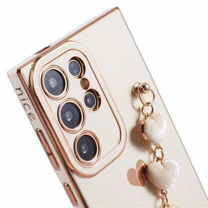 For Samsung Galaxy S22 Ultra 5G Case Heart Pattern Electroplating TPU Cover with Hand Strap
