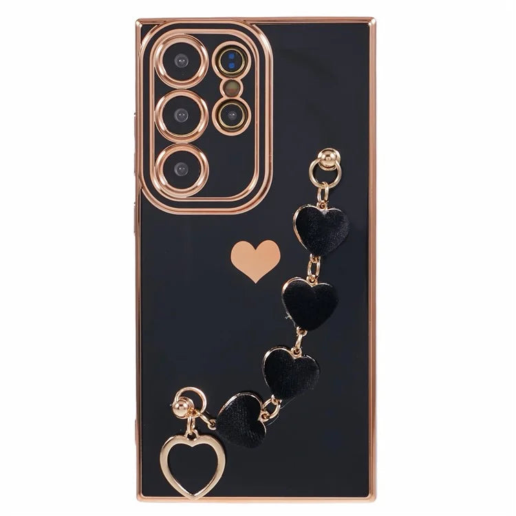 For Samsung Galaxy S22 Ultra 5G Case Heart Pattern Electroplating TPU Cover with Hand Strap