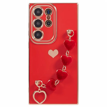 For Samsung Galaxy S22 Ultra 5G Case Heart Pattern Electroplating TPU Cover with Hand Strap