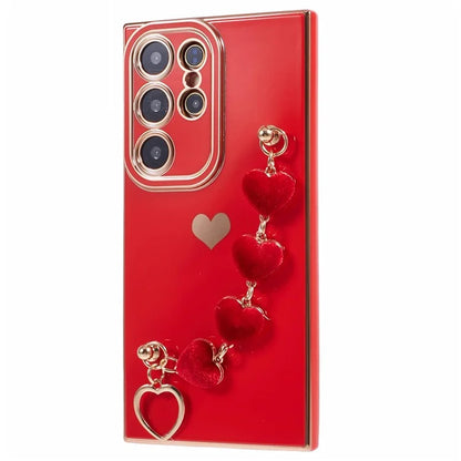 For Samsung Galaxy S22 Ultra 5G Case Heart Pattern Electroplating TPU Cover with Hand Strap