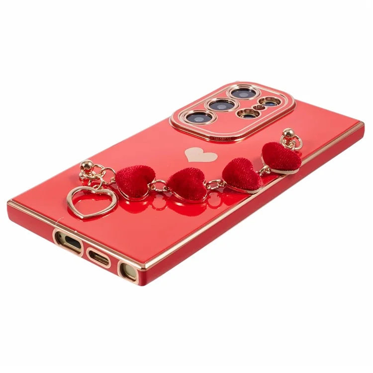 For Samsung Galaxy S22 Ultra 5G Case Heart Pattern Electroplating TPU Cover with Hand Strap