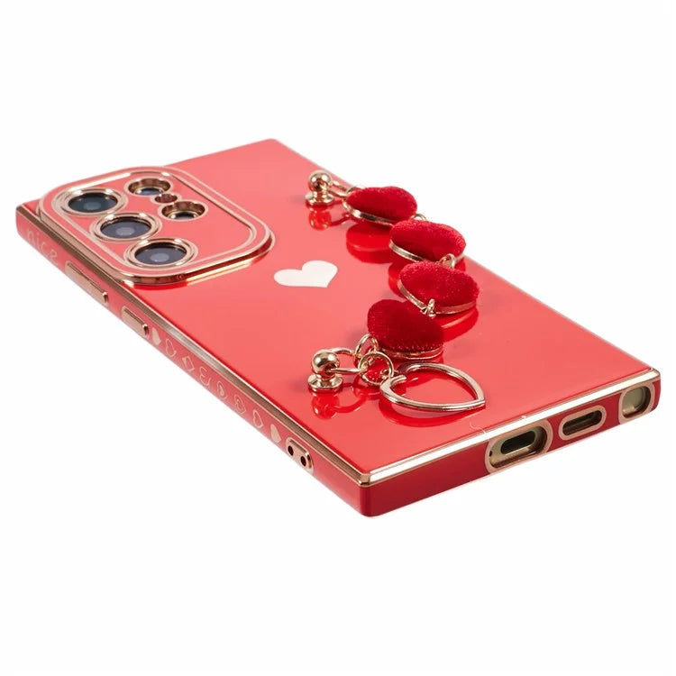For Samsung Galaxy S22 Ultra 5G Case Heart Pattern Electroplating TPU Cover with Hand Strap