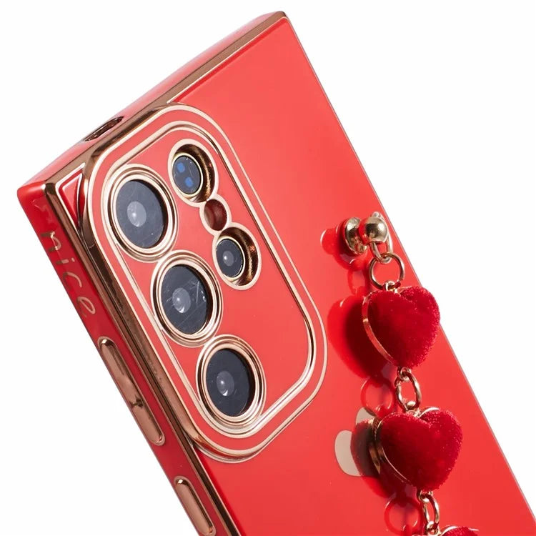 For Samsung Galaxy S22 Ultra 5G Case Heart Pattern Electroplating TPU Cover with Hand Strap