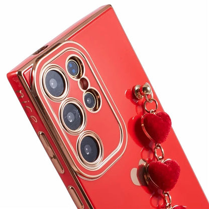 For Samsung Galaxy S22 Ultra 5G Case Heart Pattern Electroplating TPU Cover with Hand Strap