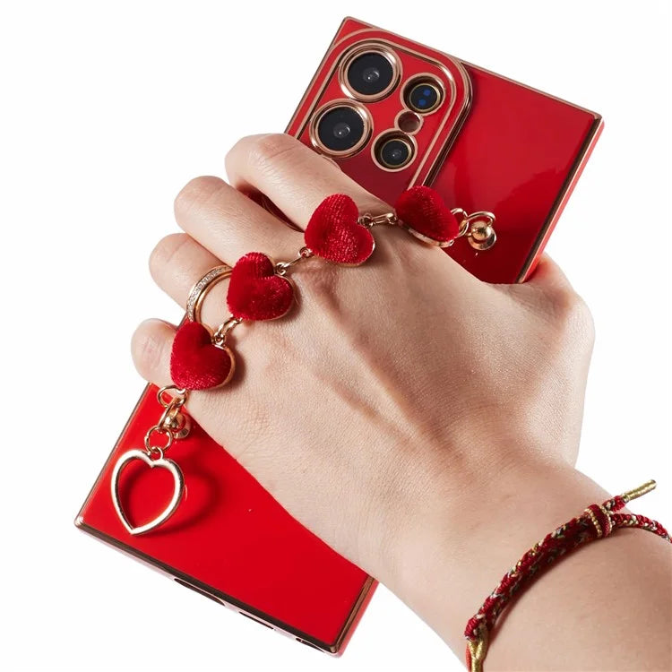 For Samsung Galaxy S22 Ultra 5G Case Heart Pattern Electroplating TPU Cover with Hand Strap