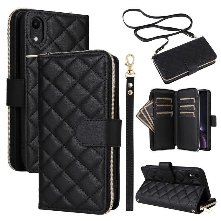 For iPhone XR Case Zipper Wallet Rhombus Leather Crossbody Phone Cover