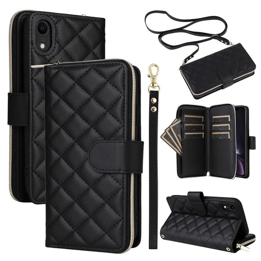 For iPhone XR Case Zipper Wallet Rhombus Leather Crossbody Phone Cover