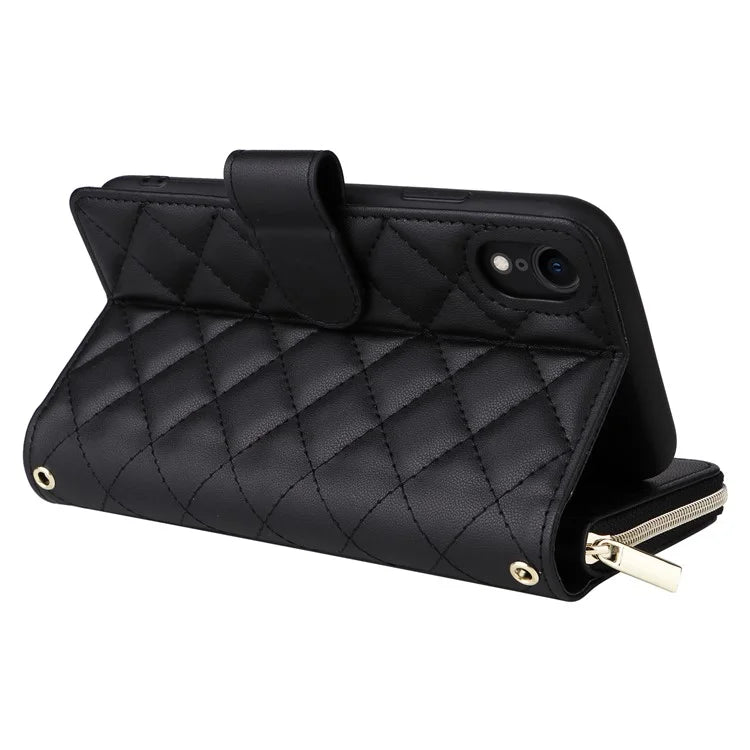 For iPhone XR Case Zipper Wallet Rhombus Leather Crossbody Phone Cover