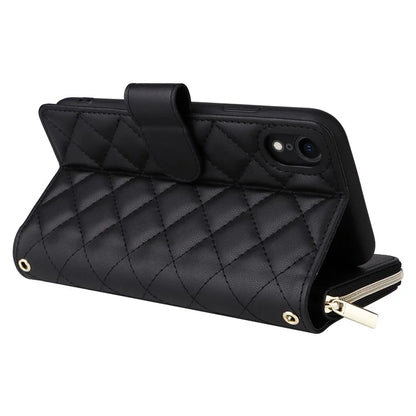 For iPhone XR Case Zipper Wallet Rhombus Leather Crossbody Phone Cover