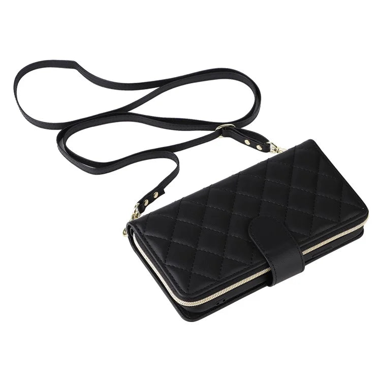 For iPhone XR Case Zipper Wallet Rhombus Leather Crossbody Phone Cover