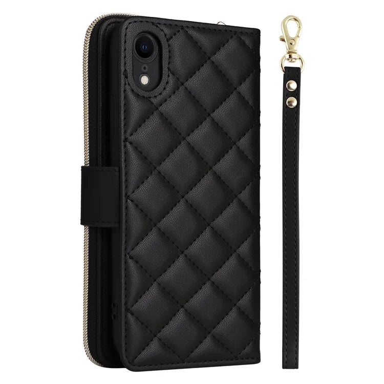 For iPhone XR Case Zipper Wallet Rhombus Leather Crossbody Phone Cover