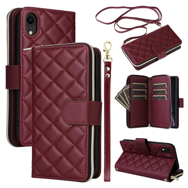 For iPhone XR Case Zipper Wallet Rhombus Leather Crossbody Phone Cover