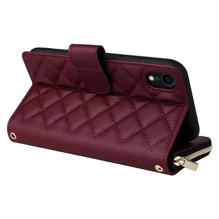 For iPhone XR Case Zipper Wallet Rhombus Leather Crossbody Phone Cover