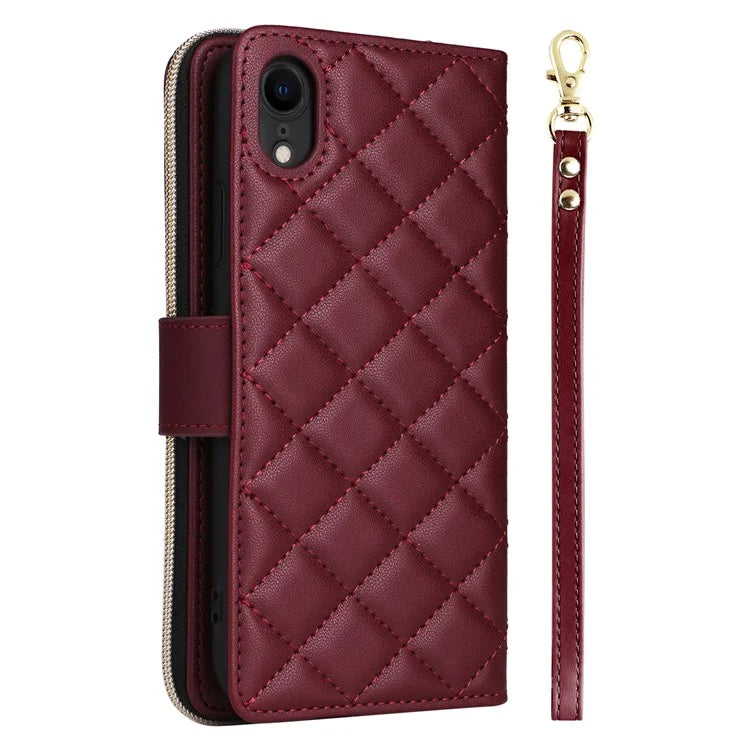 For iPhone XR Case Zipper Wallet Rhombus Leather Crossbody Phone Cover