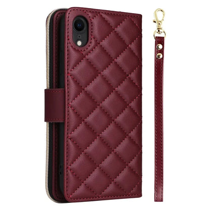 For iPhone XR Case Zipper Wallet Rhombus Leather Crossbody Phone Cover