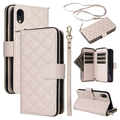 For iPhone XR Case Zipper Wallet Rhombus Leather Crossbody Phone Cover