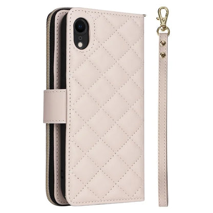 For iPhone XR Case Zipper Wallet Rhombus Leather Crossbody Phone Cover