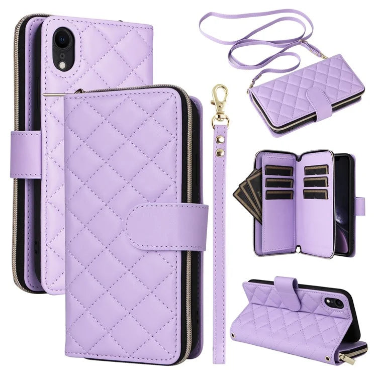 For iPhone XR Case Zipper Wallet Rhombus Leather Crossbody Phone Cover