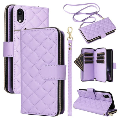 For iPhone XR Case Zipper Wallet Rhombus Leather Crossbody Phone Cover