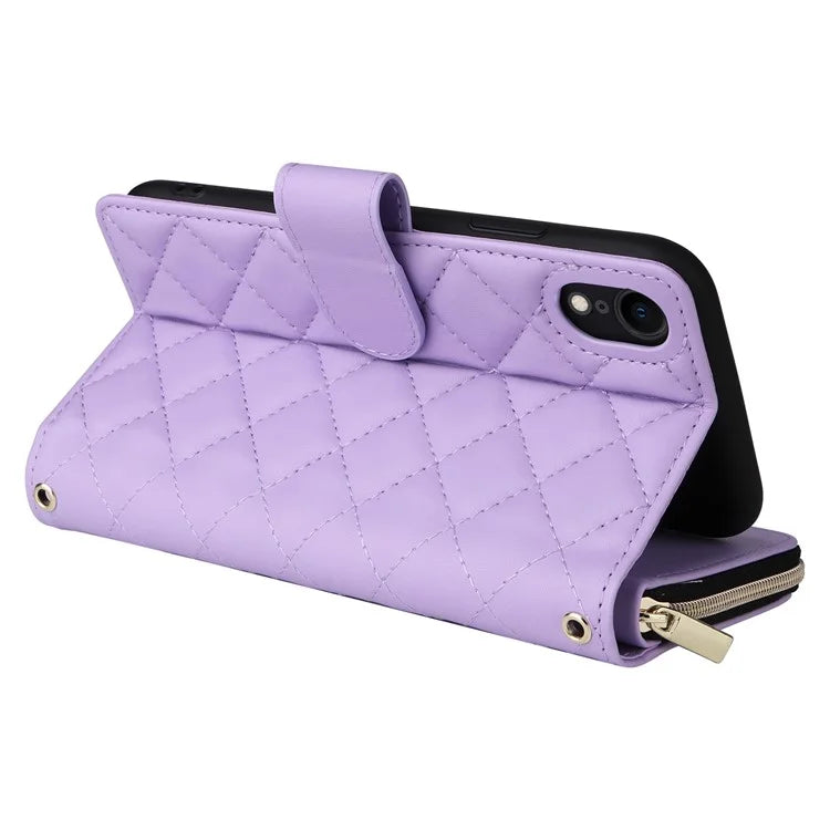 For iPhone XR Case Zipper Wallet Rhombus Leather Crossbody Phone Cover