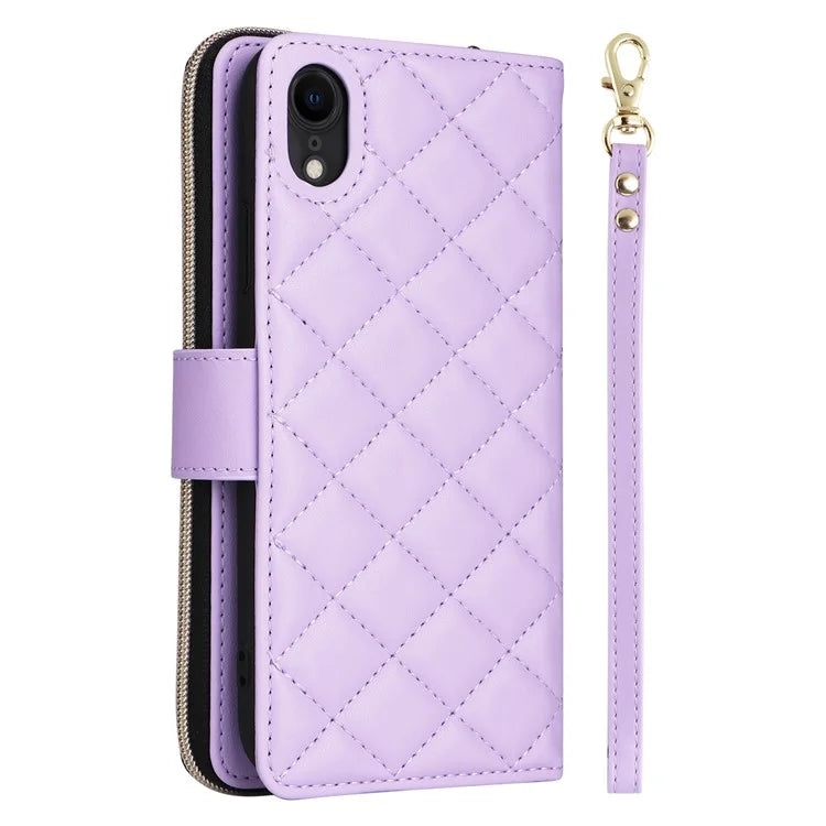 For iPhone XR Case Zipper Wallet Rhombus Leather Crossbody Phone Cover