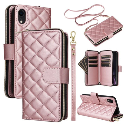 For iPhone XR Case Zipper Wallet Rhombus Leather Crossbody Phone Cover