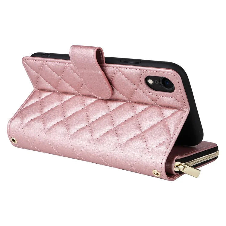 For iPhone XR Case Zipper Wallet Rhombus Leather Crossbody Phone Cover