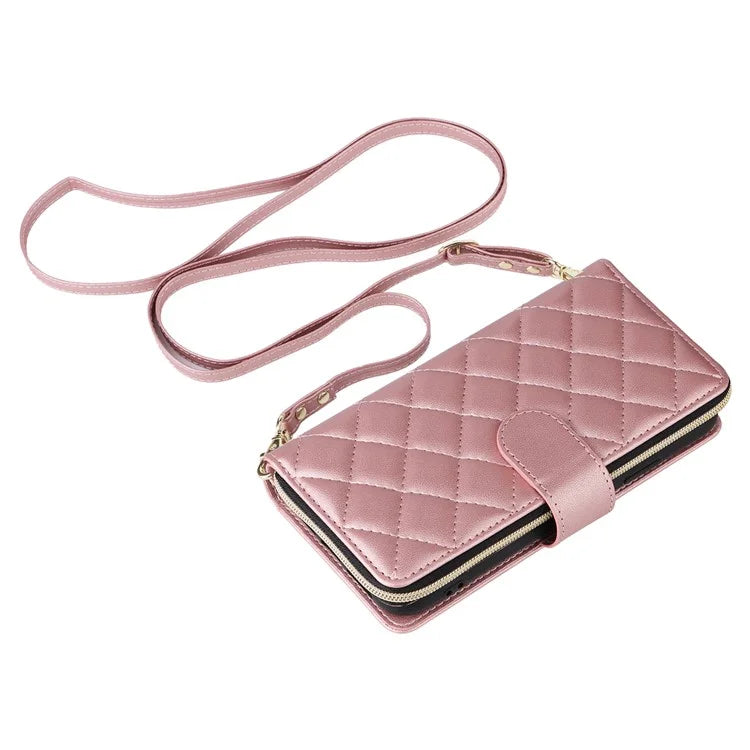 For iPhone XR Case Zipper Wallet Rhombus Leather Crossbody Phone Cover