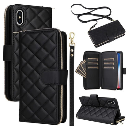 For iPhone X / XS Case Crossbody Leather Phone Cover Rhombus Grid Pattern
