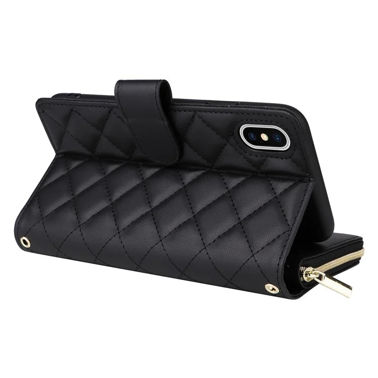For iPhone X / XS Case Crossbody Leather Phone Cover Rhombus Grid Pattern