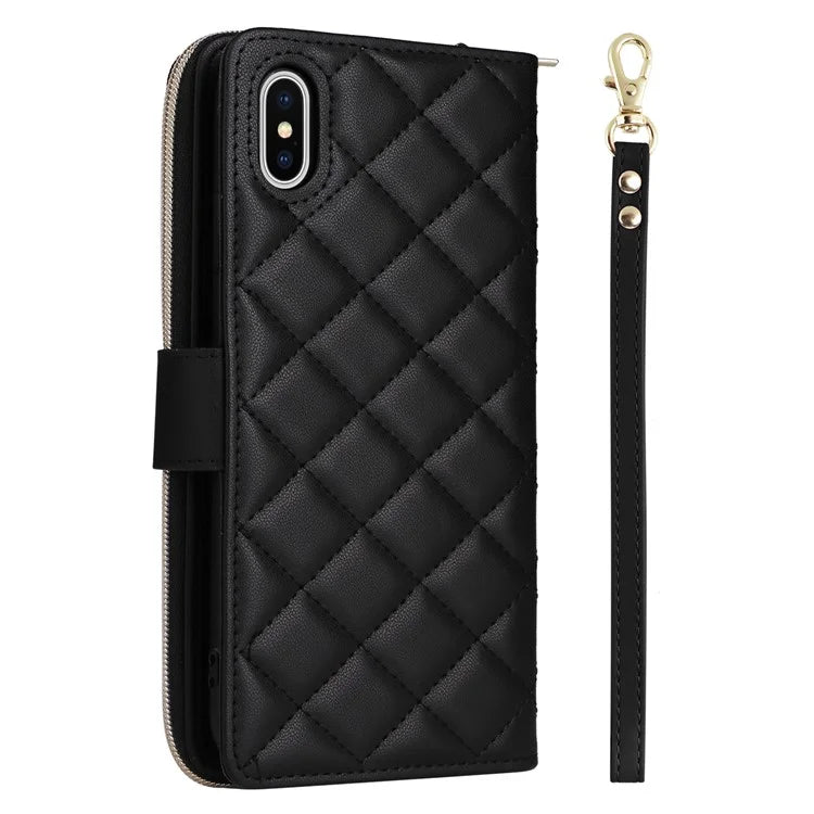 For iPhone X / XS Case Crossbody Leather Phone Cover Rhombus Grid Pattern