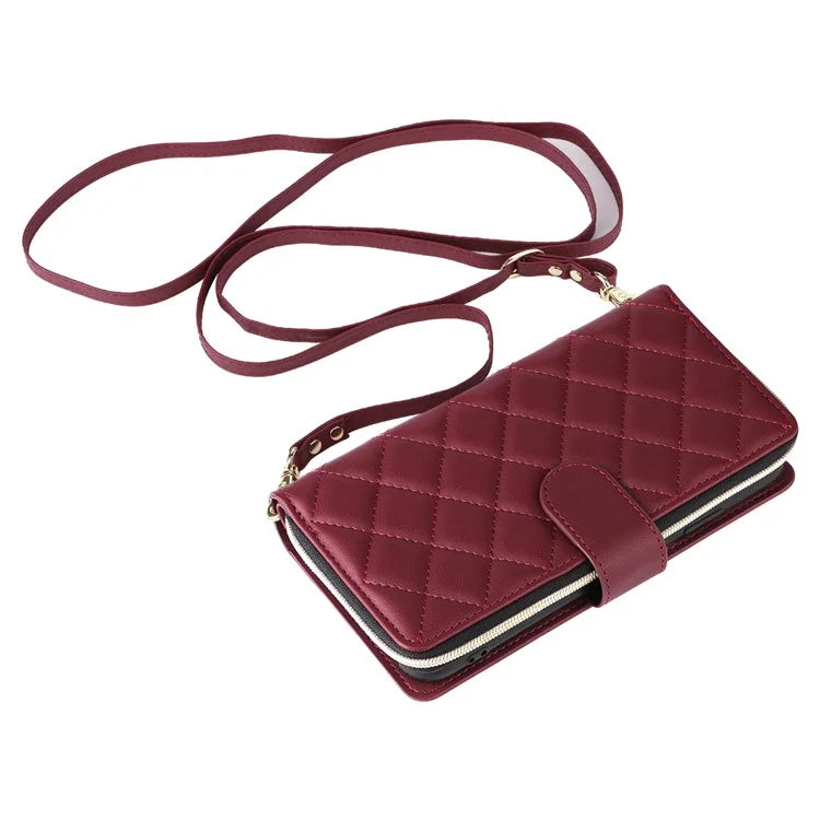 For iPhone X / XS Case Crossbody Leather Phone Cover Rhombus Grid Pattern
