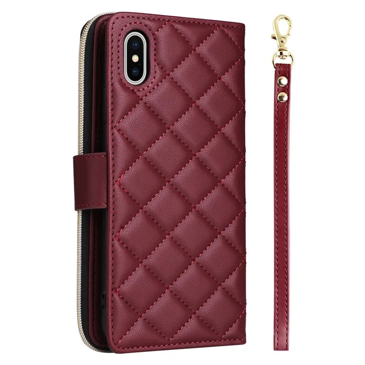 For iPhone X / XS Case Crossbody Leather Phone Cover Rhombus Grid Pattern