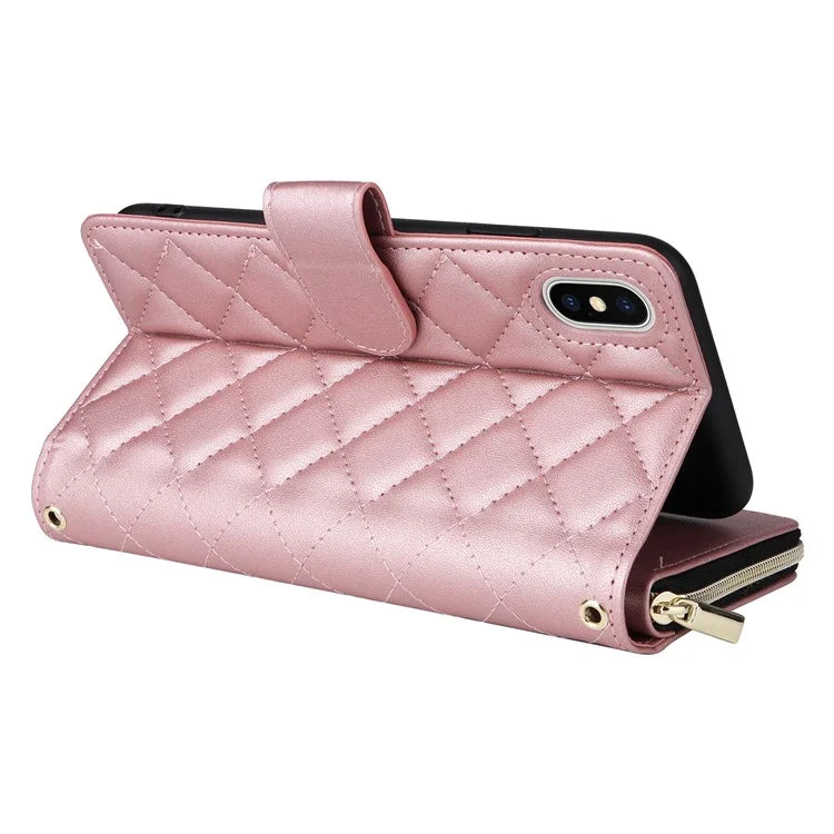 For iPhone X / XS Case Crossbody Leather Phone Cover Rhombus Grid Pattern