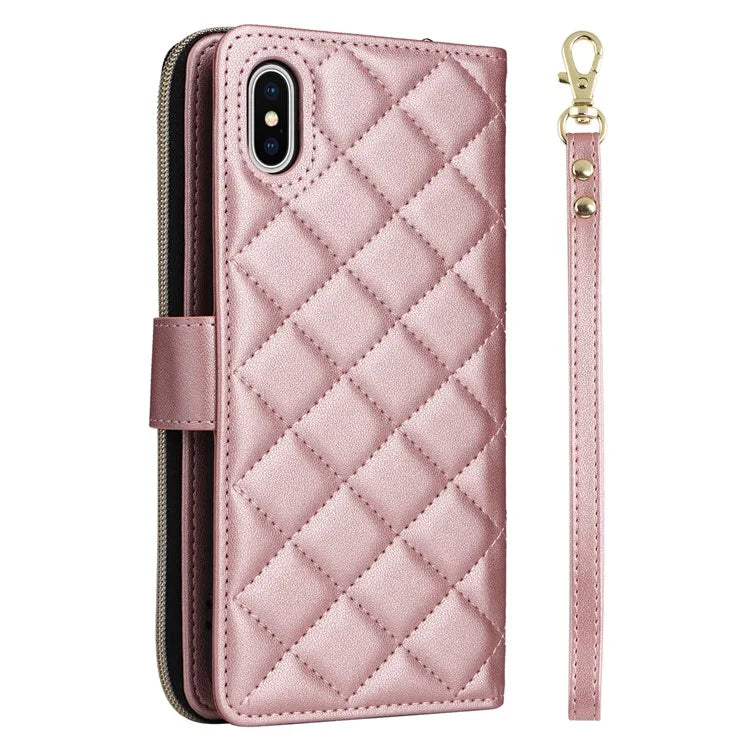 For iPhone X / XS Case Crossbody Leather Phone Cover Rhombus Grid Pattern