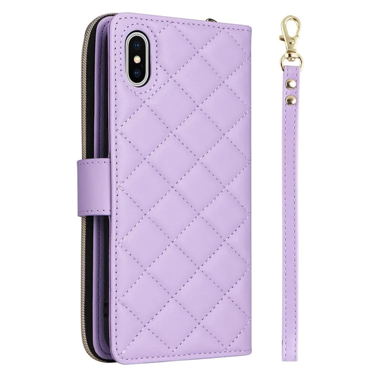 For iPhone X / XS Case Crossbody Leather Phone Cover Rhombus Grid Pattern