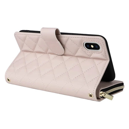 For iPhone X / XS Case Crossbody Leather Phone Cover Rhombus Grid Pattern