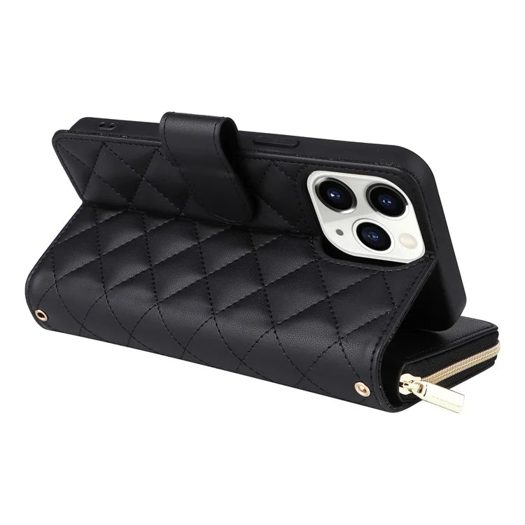 For iPhone 11 Pro Case Rhombus PU Leather Flip Phone Cover Zipper Wallet