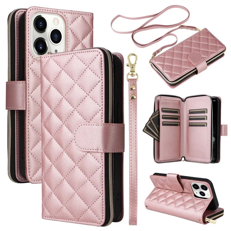 For iPhone 11 Pro Case Rhombus PU Leather Flip Phone Cover Zipper Wallet