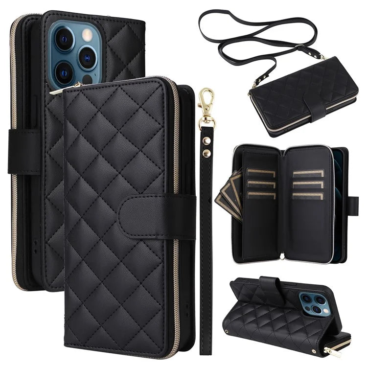 For iPhone 12 Pro Max Wallet Case Rhombus Grid Leather Phone Cover with Short / Long Straps