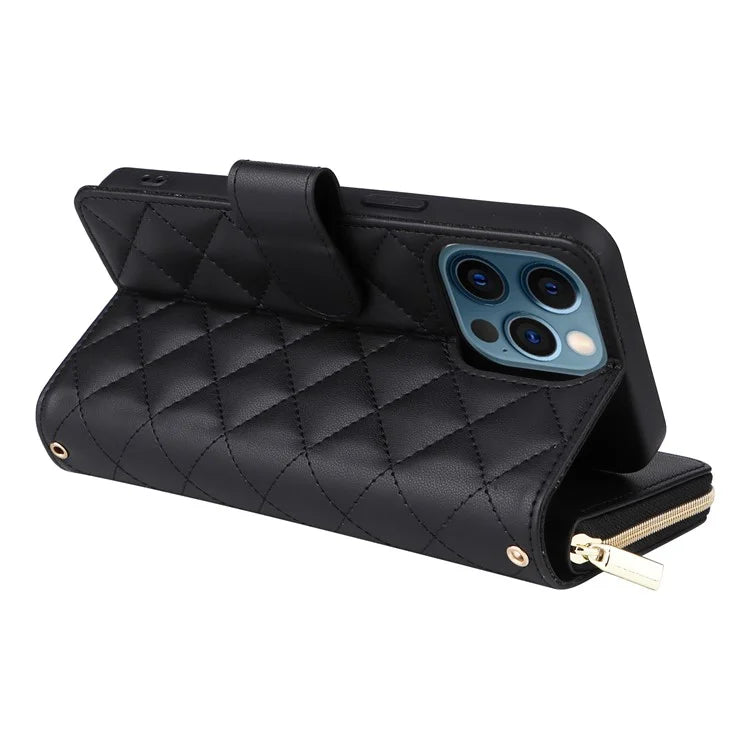 For iPhone 12 Pro Max Wallet Case Rhombus Grid Leather Phone Cover with Short / Long Straps