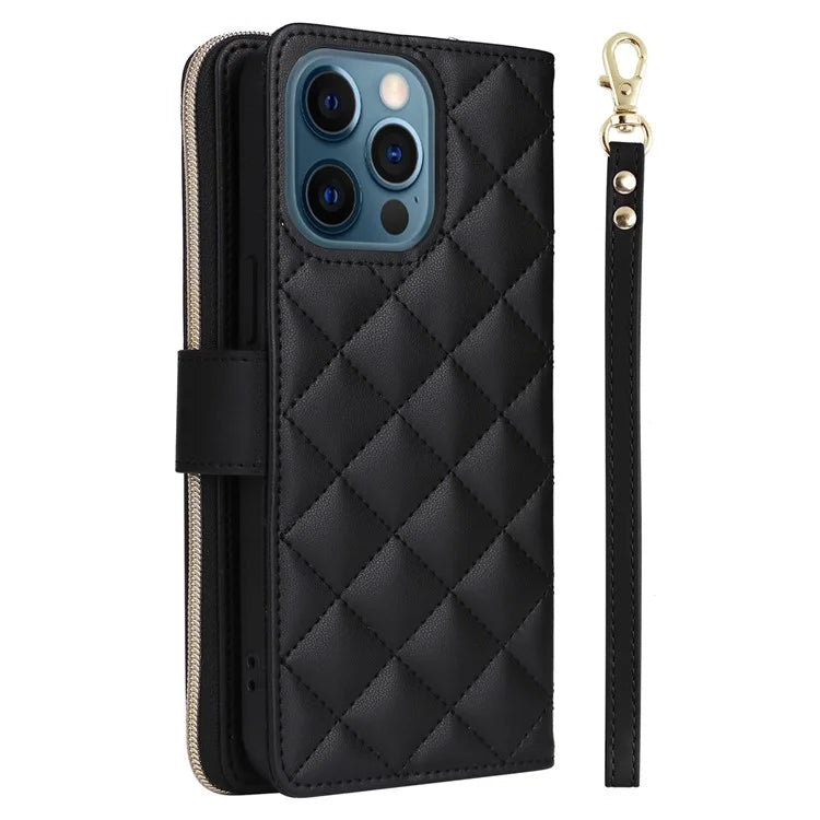 For iPhone 12 Pro Max Wallet Case Rhombus Grid Leather Phone Cover with Short / Long Straps