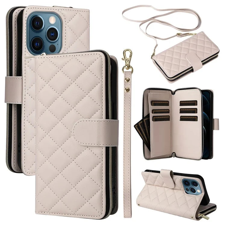 For iPhone 12 Pro Max Wallet Case Rhombus Grid Leather Phone Cover with Short / Long Straps