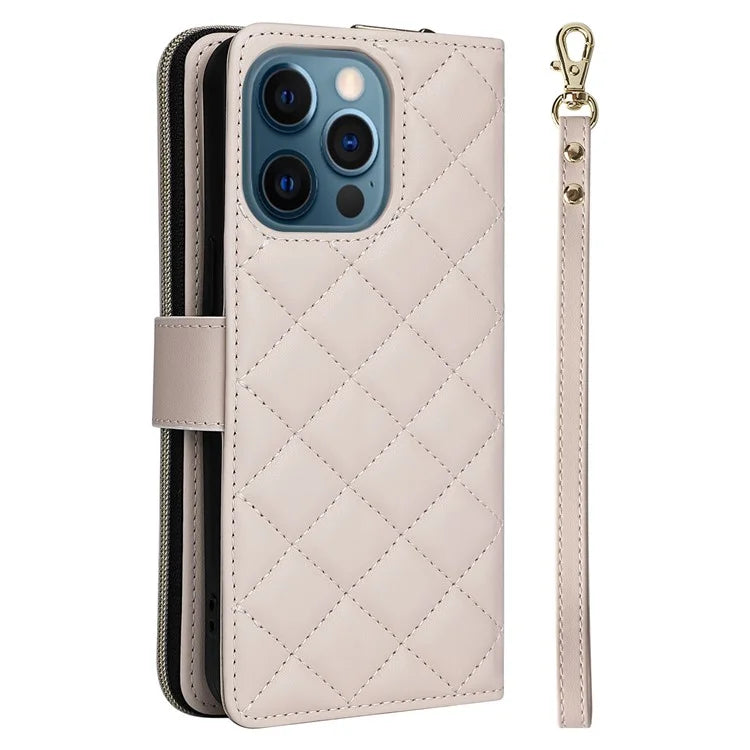 For iPhone 12 Pro Max Wallet Case Rhombus Grid Leather Phone Cover with Short / Long Straps